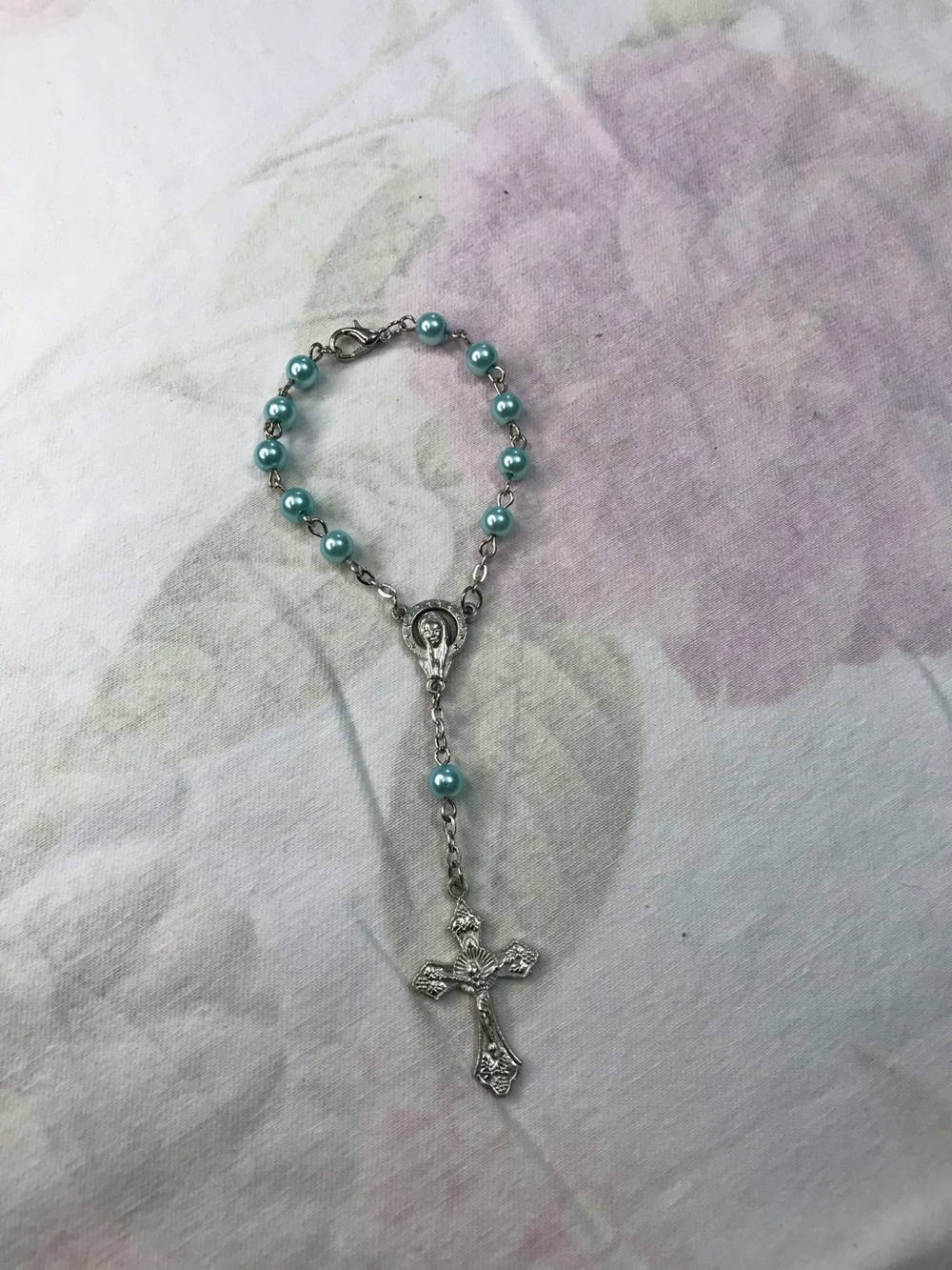 Silver Tone Chain Light Blue Beaded Hand Rosary Bracelet 6”